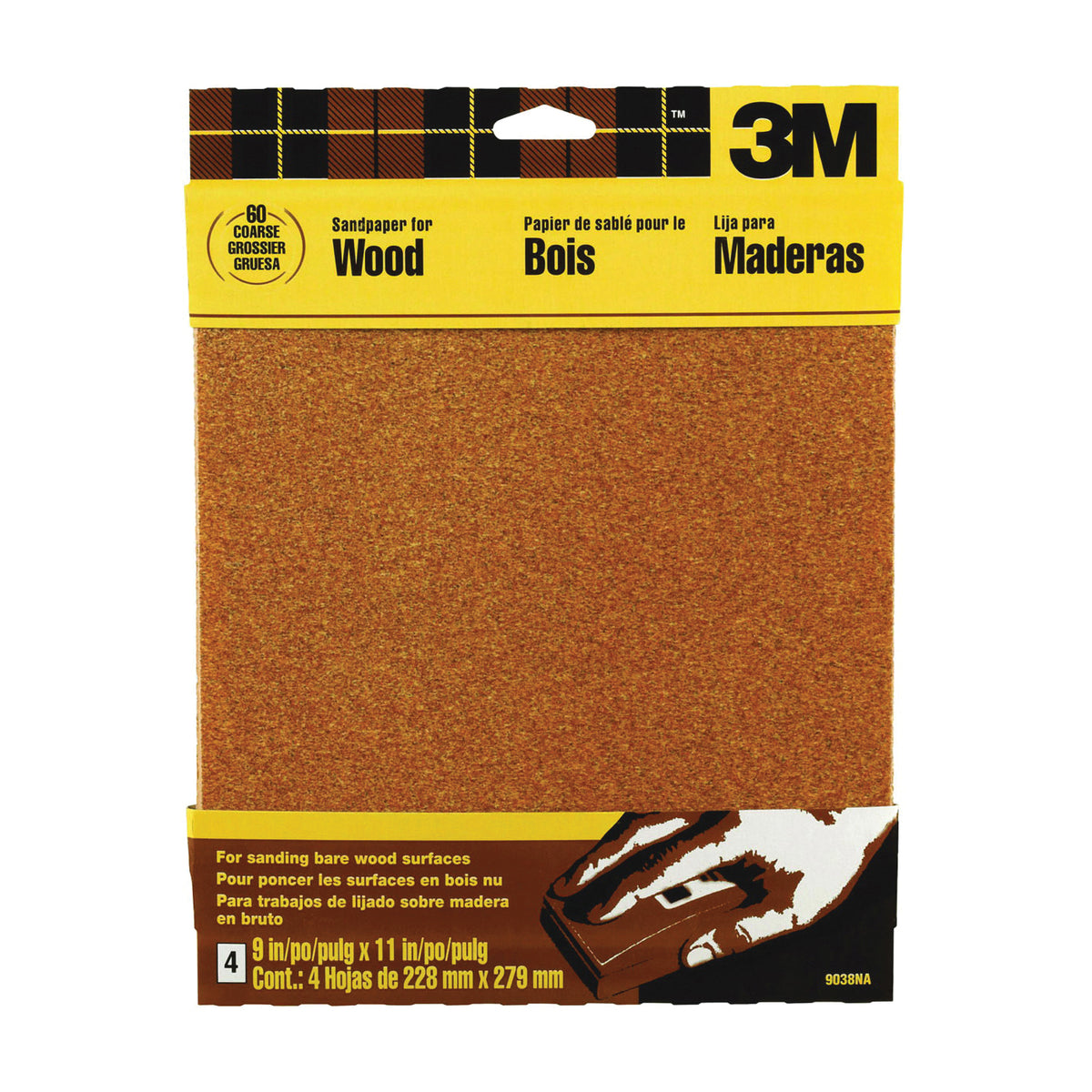 3M 9038NA Sandpaper Sheet, 11 in L, 9 in W, Coarse, 60 Grit, Garnet Abrasive