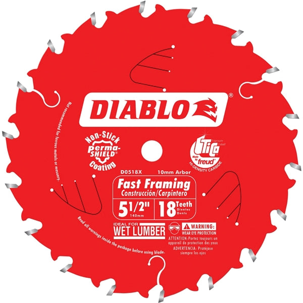 Diablo D0518X Circular Saw Blade, 5-1/2 in Dia, 10 mm Arbor, 18-Teeth, Carbide Cutting Edge