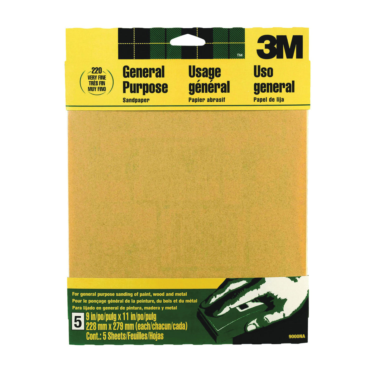 3M 9000NA Sandpaper Sheet, 11 in L, 9 in W, Very Fine, 220 Grit, Aluminum Oxide Abrasive, Paper Backing