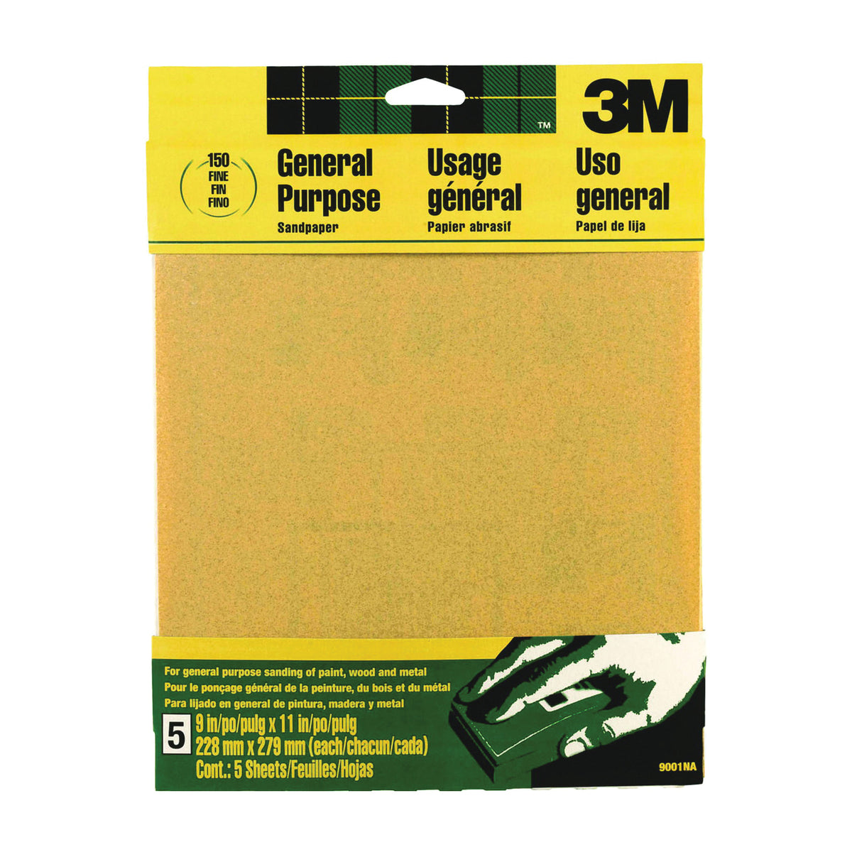 3M 9001 Sandpaper Sheet, 11 in L, 9 in W, Fine, 150 Grit, Aluminum Oxide Abrasive, Paper Backing