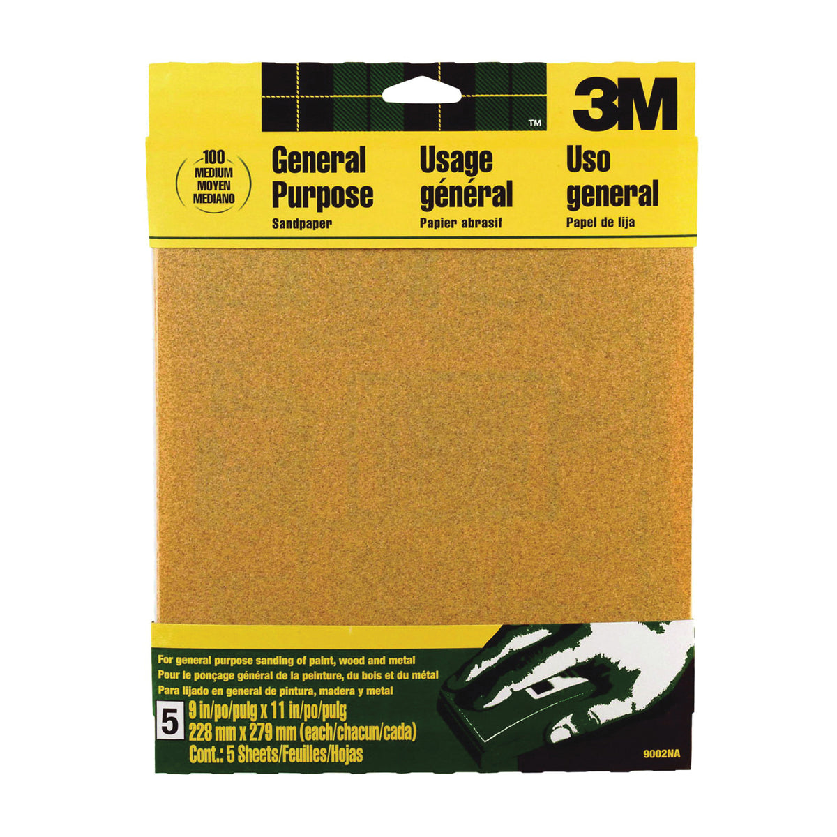 3M 9002 Sandpaper Sheet, 11 in L, 9 in W, Medium, 100 Grit, Aluminum Oxide Abrasive, Paper Backing