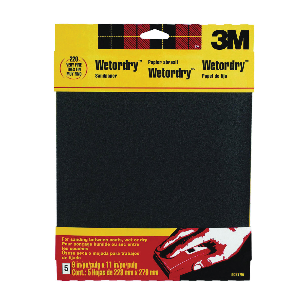 3M 9087 Sandpaper, 11 in L, 9 in W, 220 Grit, Very Fine, Silicone Carbide Abrasive