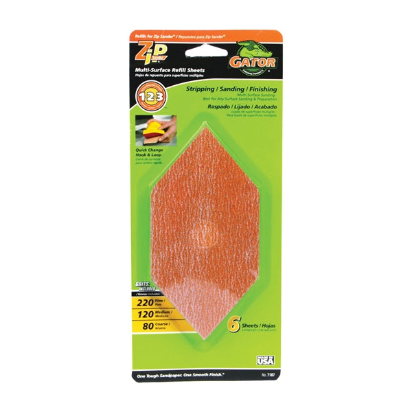 Gator Zip 7187 Refill Sheet, 6 in L, 3 in W, Extra Fine, Fine, Medium, 80 Grit, Aluminum Oxide Abrasive