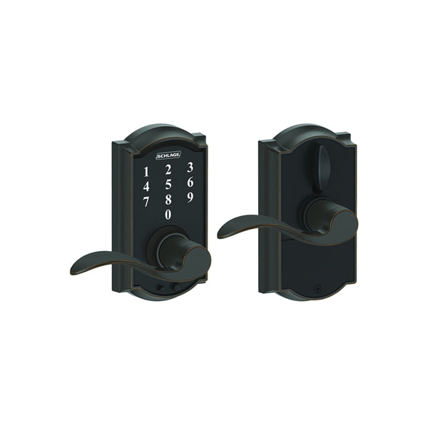 Schlage Camelot Series FE695VCAMXACC716 Keypad Lock, Aged Bronze, 2-3/8 x 2-3/4 in Backset, 1-3/8 to 1-3/4 in Thick Door