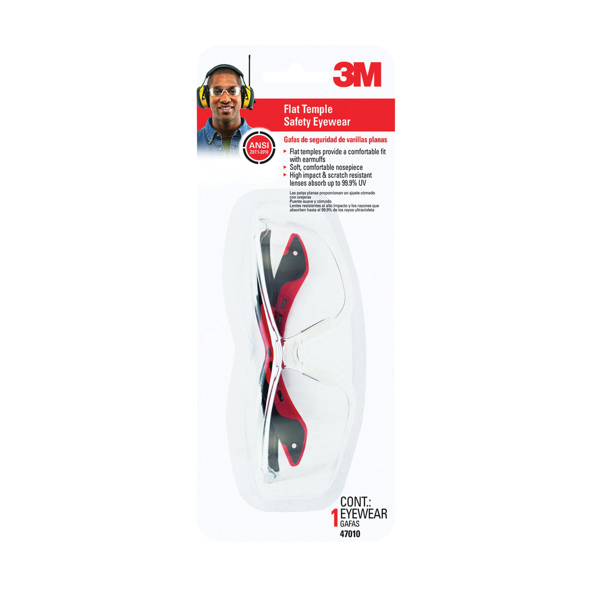 3M 47010-WV6 Safety Eyewear, Anti-Scratch Lens, Polycarbonate Lens, Semi-Rimless Frame, Plastic Frame, Black/Red Frame