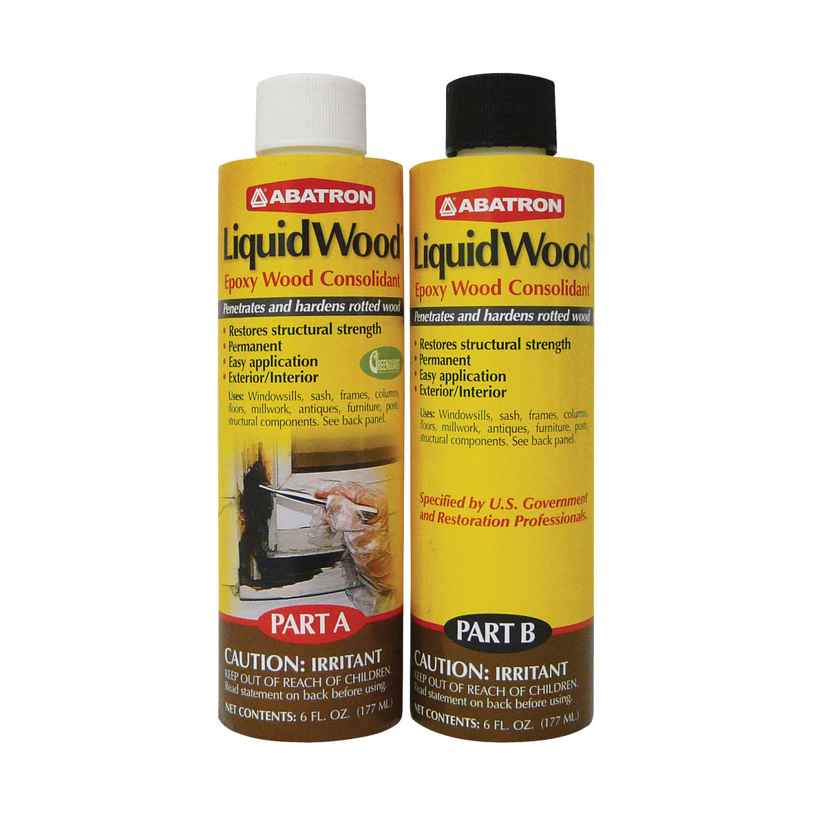 ABATRON LiquidWood LWAB6OR Wood Filler, Liquid, Faint, Slightly Aromatic Part A, Irritating Ammonia Part B, Clear, 12 oz