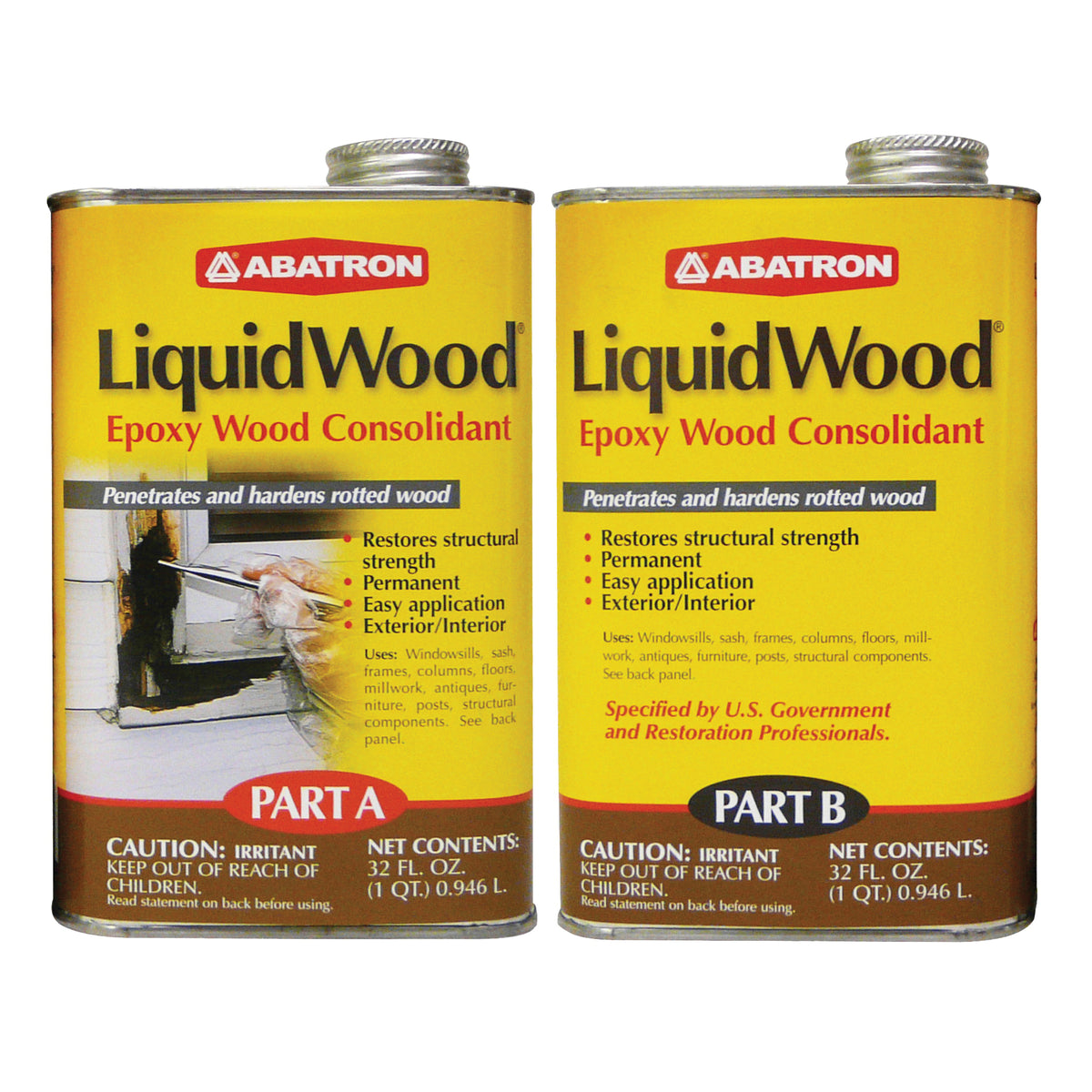 ABATRON LiquidWood LW2QKR Wood Filler, Liquid, Faint, Slightly Aromatic Part A, Irritating Ammonia Part B, Clear, 2 qt