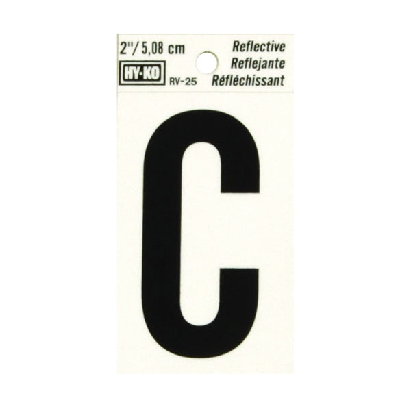 HY-KO RV-25/C Reflective Letter, Character: C, 2 in H Character, Black Character, Silver Background, Vinyl