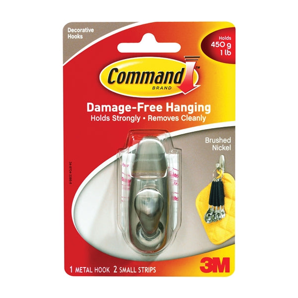 Command Forever Classic Series FC11-BN Decorative Hook, 1 lb, 1-Hook, Metal, Brushed Nickel