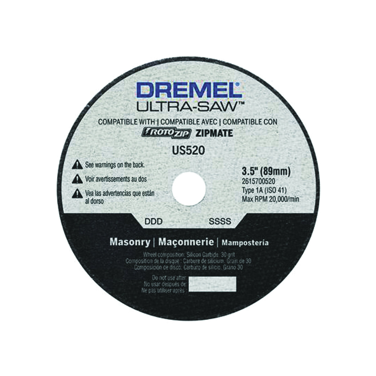 DREMEL US520-01 Masonry Cutting Wheel, 3-1/2 in Dia, 0.094 in Thick, 7/16 in Arbor, 30 Grit