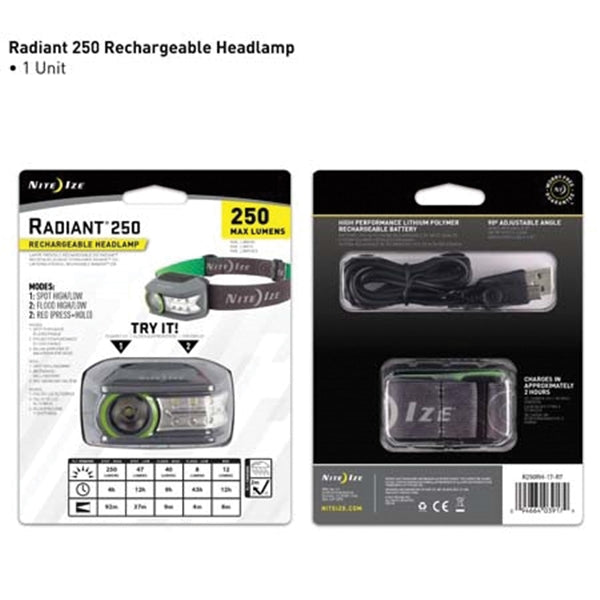 Nite Ize Radiant R250RH-17-R7 Rechargeable Headlamp, Lithium Battery, LED Lamp, 250 Lumens, Flood, Spot Beam