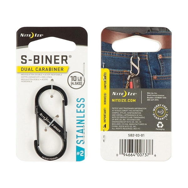 Nite Ize S-Biner Series SB2-03-01 Dual Carabiner, #2 Dia Ring, Stainless Steel, Black