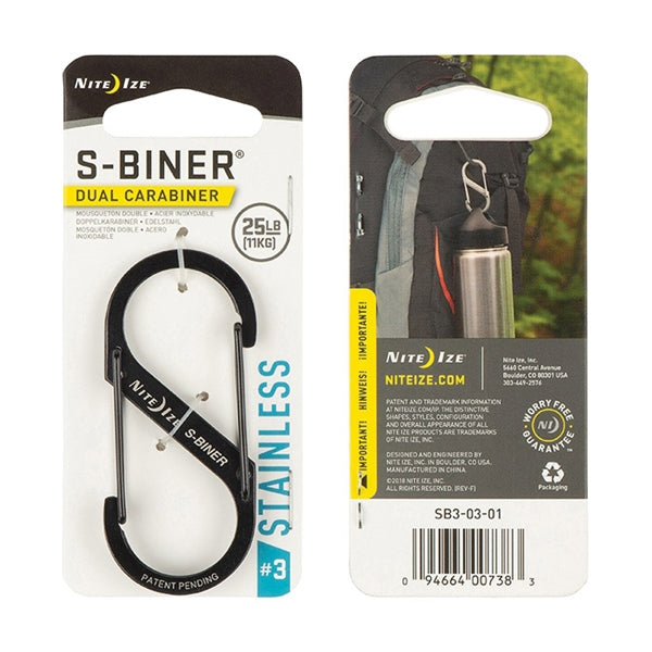 Nite Ize S-Biner Series SB3-03-01 Dual Carabiner, #3 Dia Ring, Stainless Steel, Black
