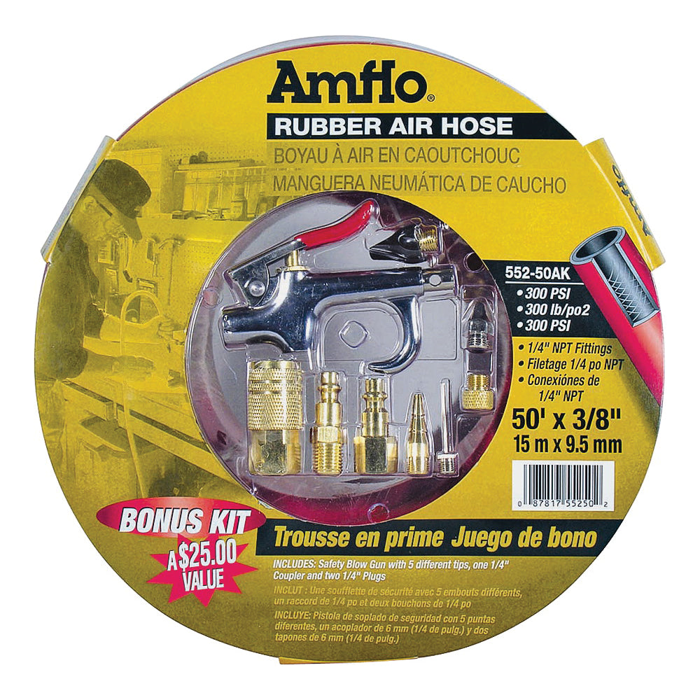 Amflo 552-50AK-5 Air Hose Kit, 3/8 in OD, 50 ft L, MNPT, 300 psi Pressure, Rubber, Red