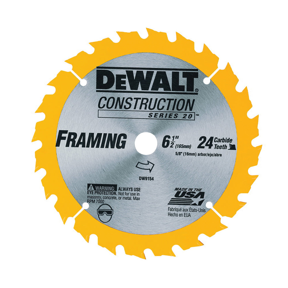 DeWALT DW9154 Circular Saw Blade, 6-1/2 in Dia, 5/8 in Arbor, 24-Teeth, Carbide Cutting Edge