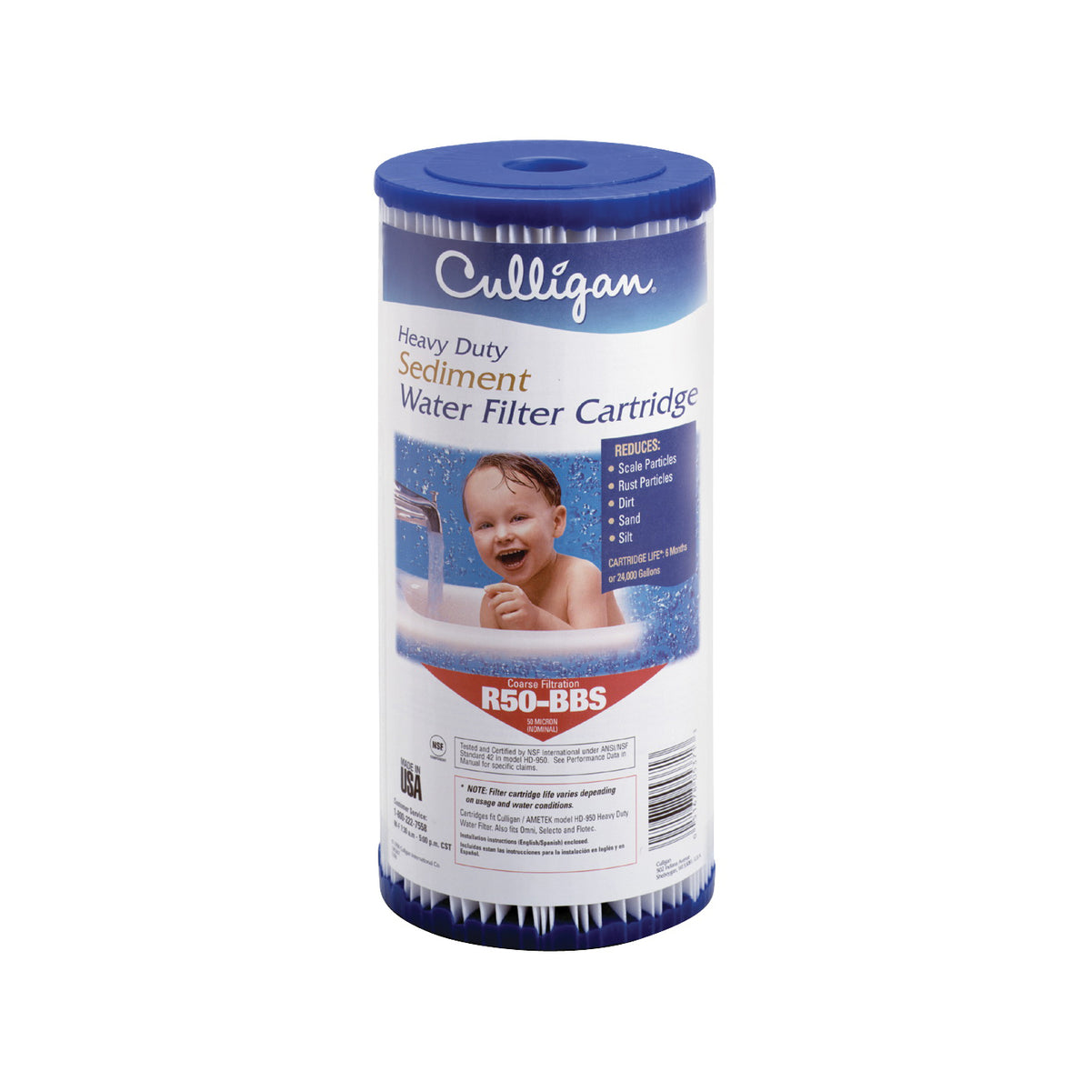 Culligan R50-BBSA Filter Cartridge, 50 um Filter, Pleated Polyester Cartridge Filter Media