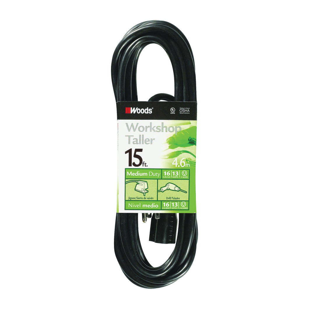 Woods 990261 Extension Cord, 16 AWG Cable, 15 ft L, 13 A, 125 V, Black
