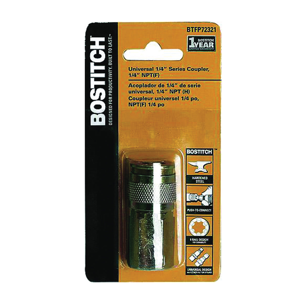 Bostitch BTFP72321 Coupler, 1/4 in, FNPT, Steel, Plated