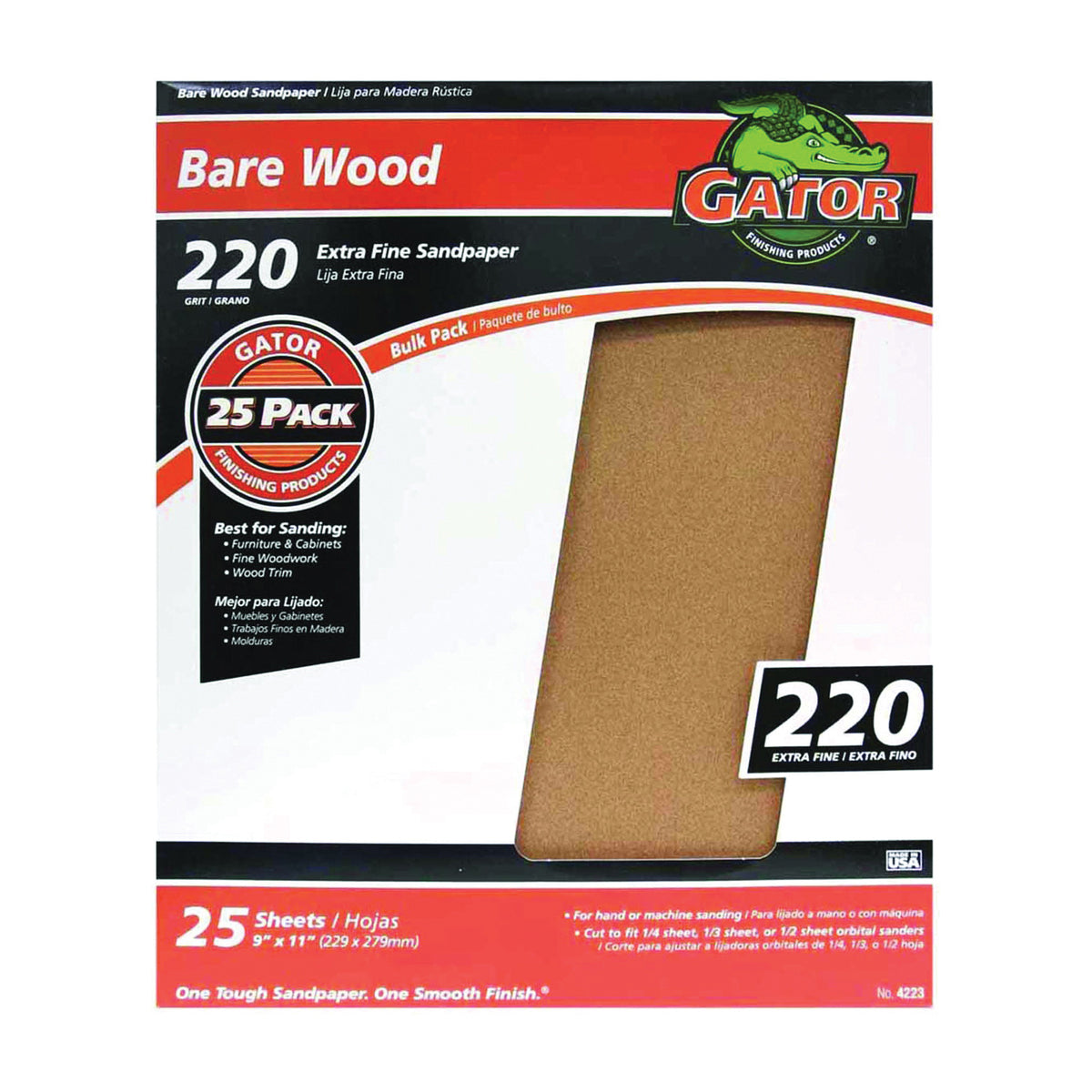 Gator 3272 Sanding Sheet, 11 in L, 9 in W, 220 Grit, Garnet Abrasive