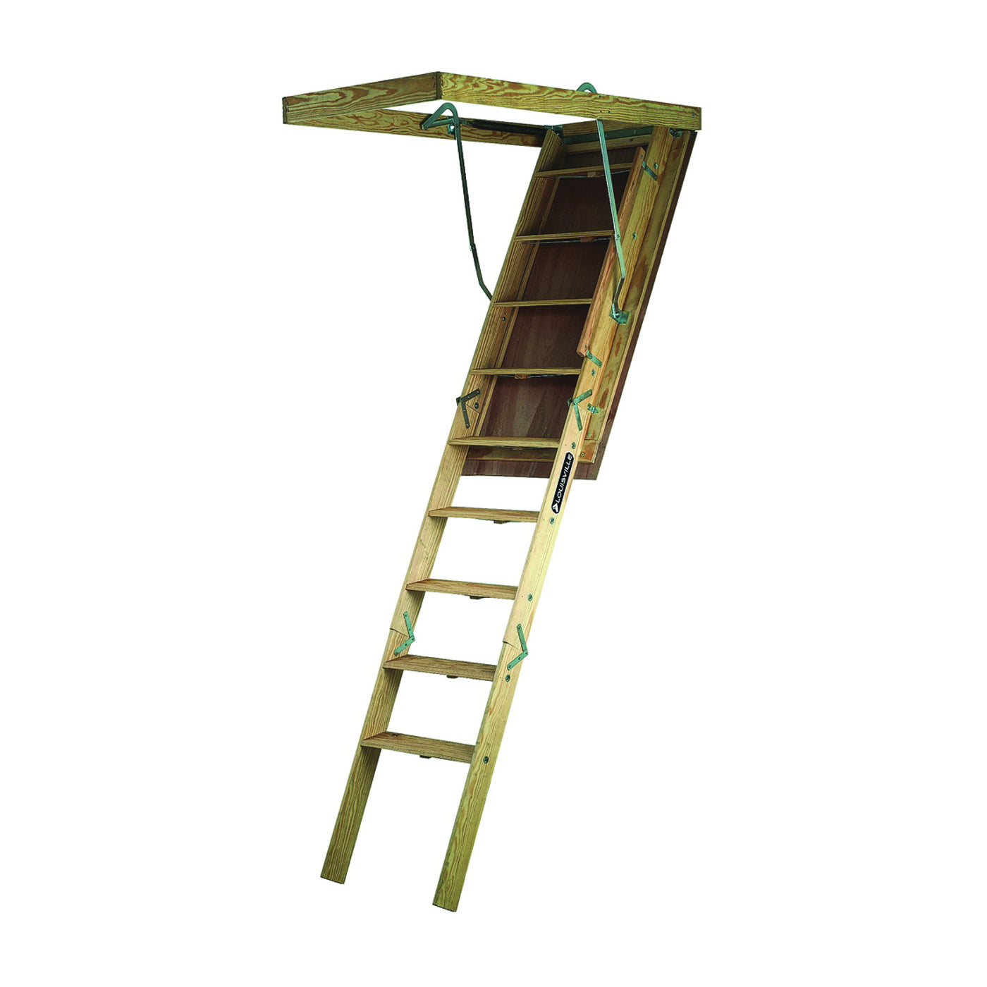 Louisville Premium Series S254PF Attic Ladder, 7 to 8 ft 9 in H Ceiling, 25-1/2 x 54 in Ceiling Opening, 9-Step, 250 lb