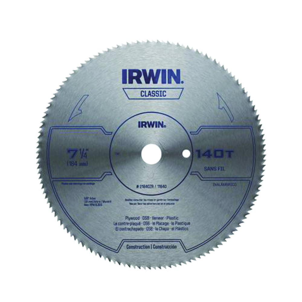 IRWIN 11440 Circular Saw Blade, 7-1/4 in Dia, 5/8 in Arbor, 140-Teeth, Steel Cutting Edge