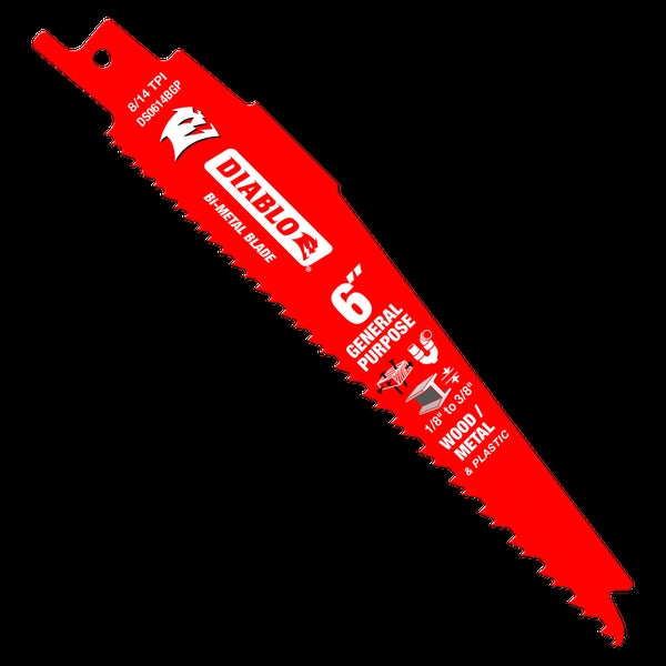 Diablo DS0614BGP2 Reciprocating Saw Blade, 6 in L, 8/14 TPI