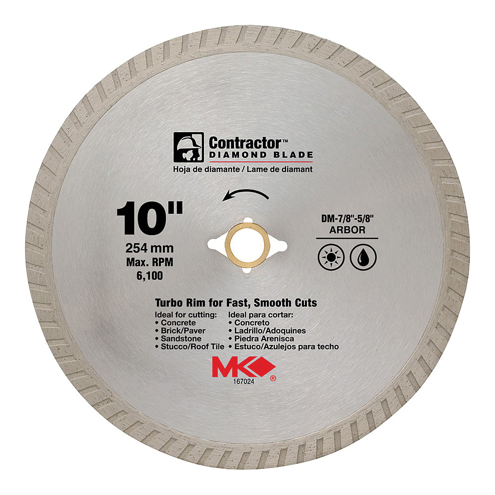 MK 167024 Saw Blade, 10 in Dia, 7/8 to 5/8 in Arbor, Diamond Cutting Edge, Turbo Rim