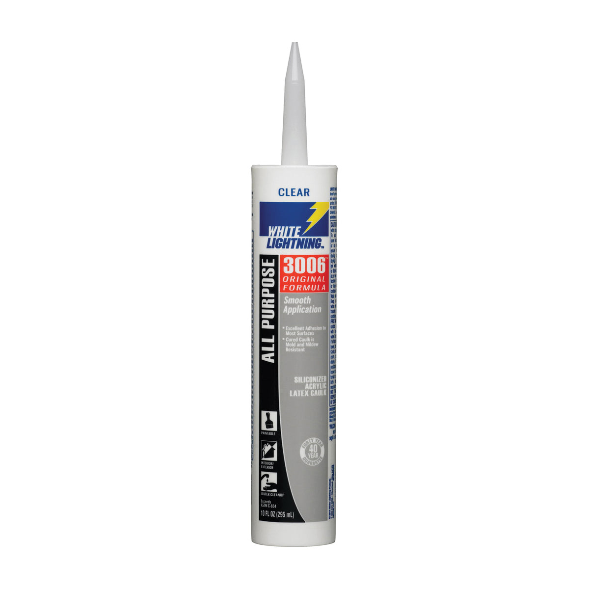 WHITE LIGHTNING W12001010 Adhesive Caulk, Clear, 5 to 7 days Curing, 40 deg F, 10 fl-oz Cartridge