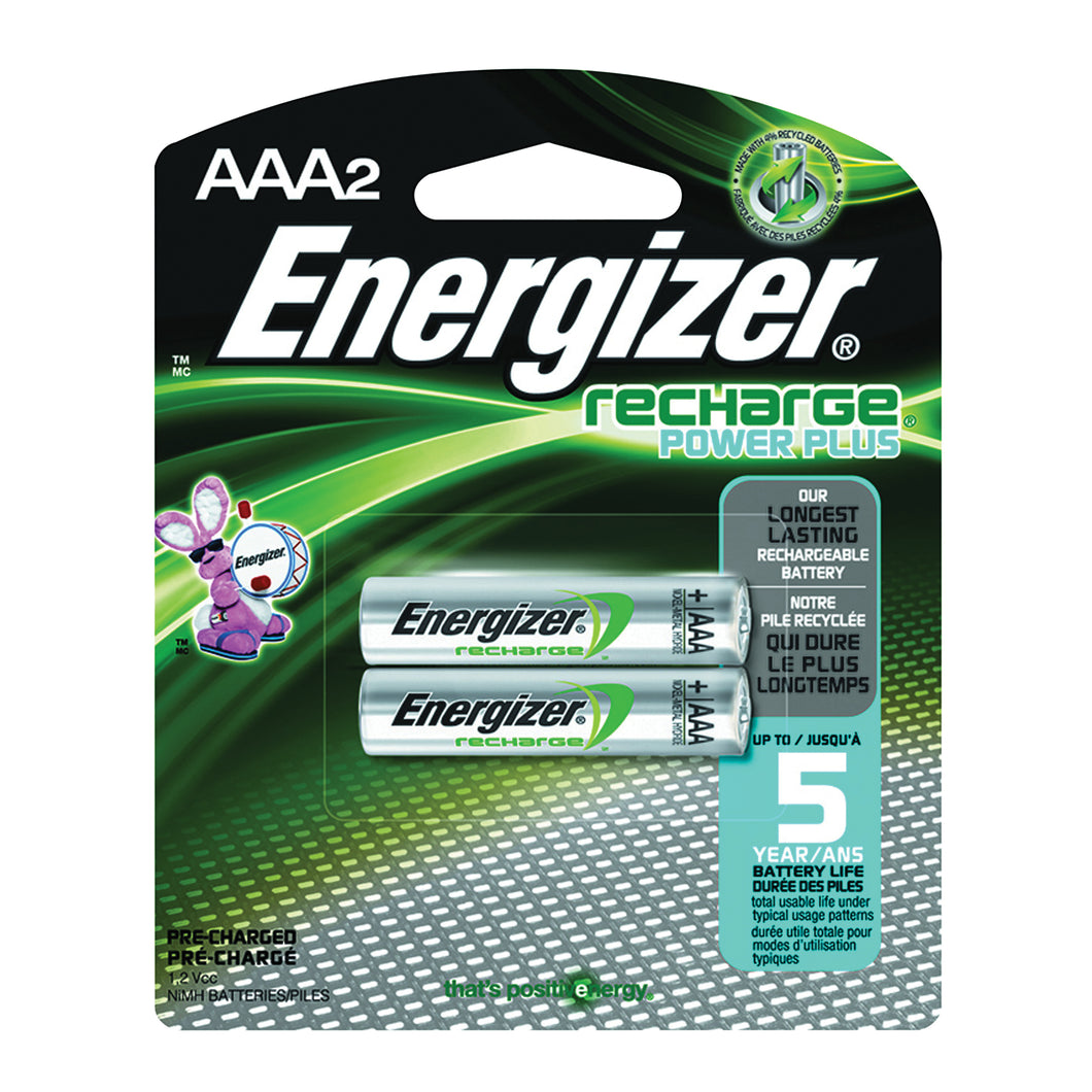 Energizer NH12BP-2 Rechargeable Battery, 1.2 V Battery, 850 mAh, AAA Battery, Nickel-Metal Hydride, Black
