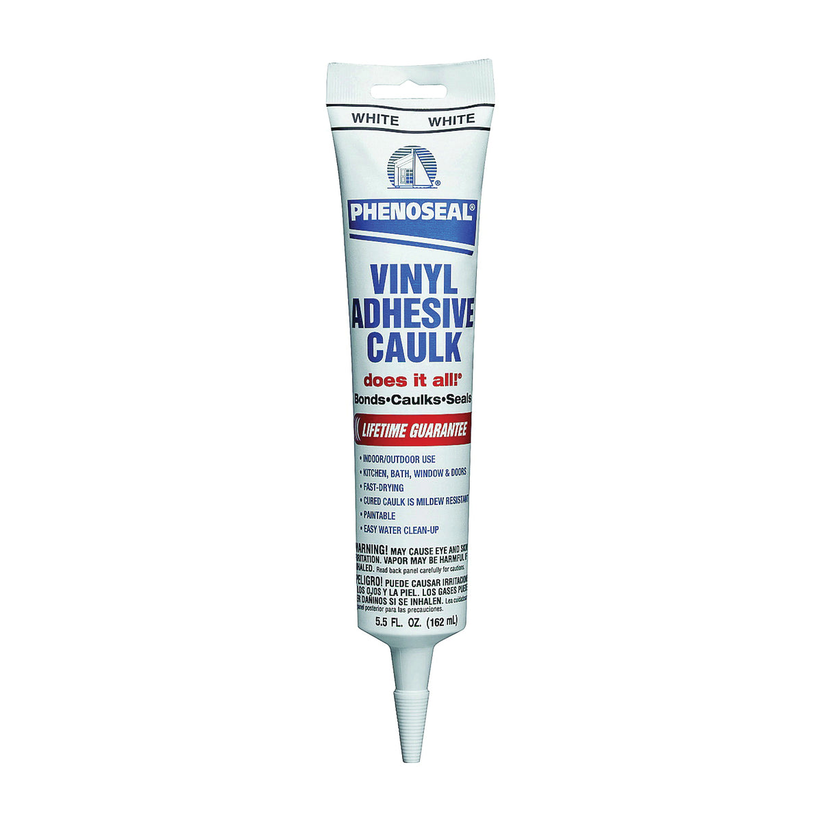 DAP PHENOSEAL 00101 Vinyl Adhesive Caulk, White, 48 hr Curing, -20 to 180 deg F, 5.5 oz Cartridge