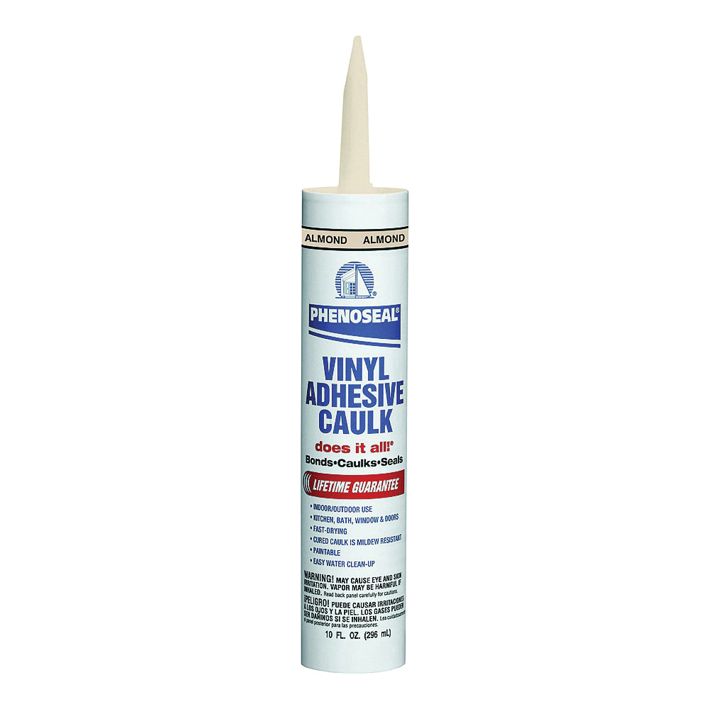 DAP PHENOSEAL 02102 Vinyl Adhesive Caulk, Almond, 48 hr Curing, -20 to 180 deg F, 10 oz Cartridge