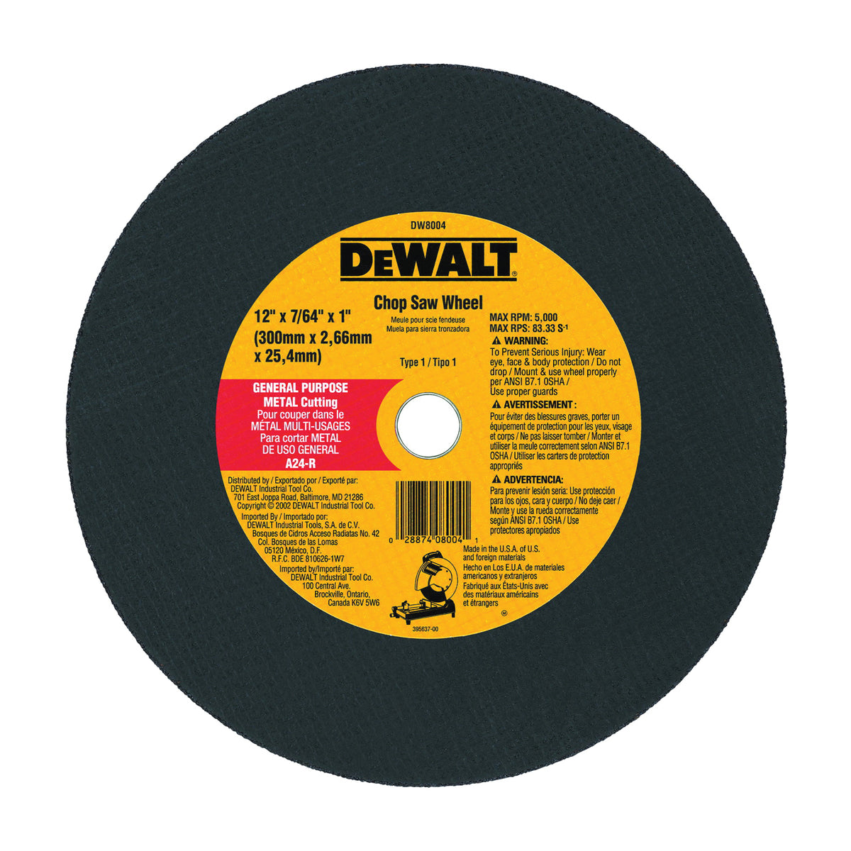 DeWALT DW8004 Cutting Wheel, 12 in Dia, 7/64 in Thick, 1 in Arbor, Coarse, Aluminum Oxide Abrasive