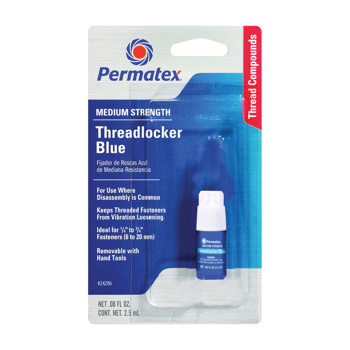 Permatex 24206 Threadlocker, Liquid, Mild, Blue, 2.5 mL Bottle