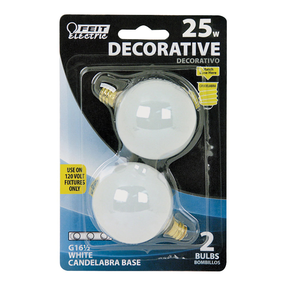 Feit Electric BP25G161/2/W Incandescent Lamp, 25 W, G16-1/2 Lamp, Candelabra E12 Lamp Base, 2700 K Color Temp