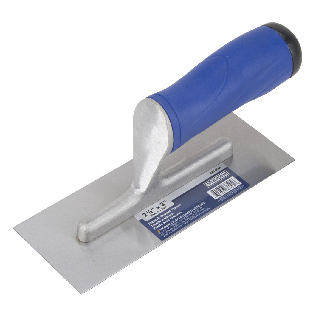 Vulcan 36105 Cement Trowel, 7.5 in L Blade, 3 in W Blade, Right Angle End, Ergonomic Handle, Plastic Handle