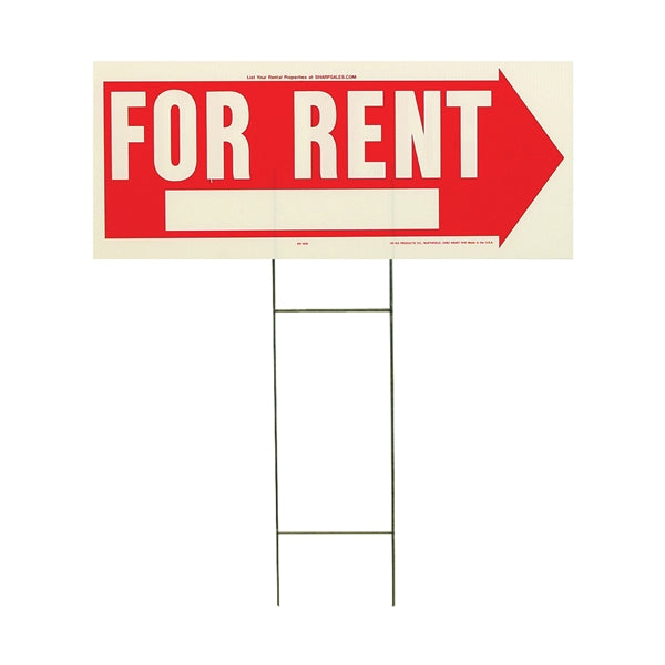 HY-KO RS-806 Lawn Sign, Rectangular, FOR RENT, White Legend, Red Background, Plastic, 9-1/2 in W x 24 in H Dimensions