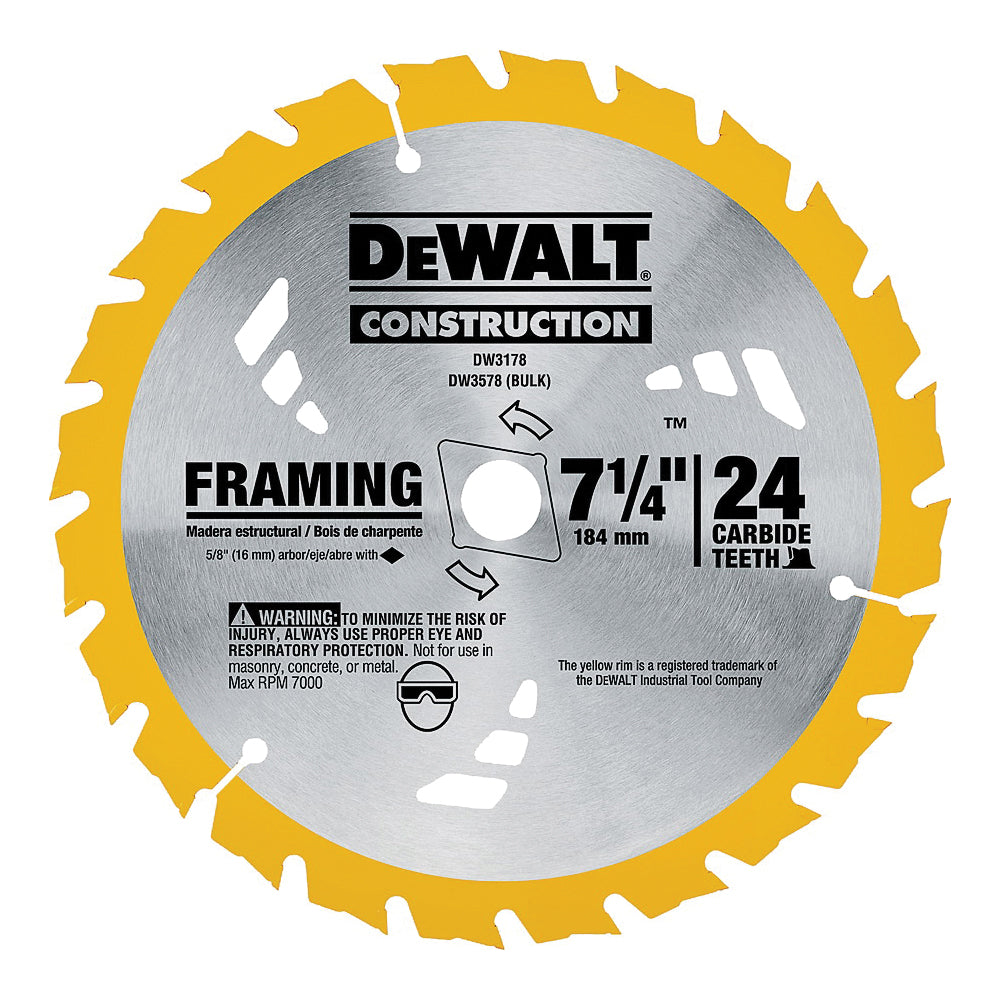 DeWALT DW3578B10 Framing Blade, 7-1/4 in Dia, 5/8 in Arbor, 24-Teeth, Carbide Cutting Edge
