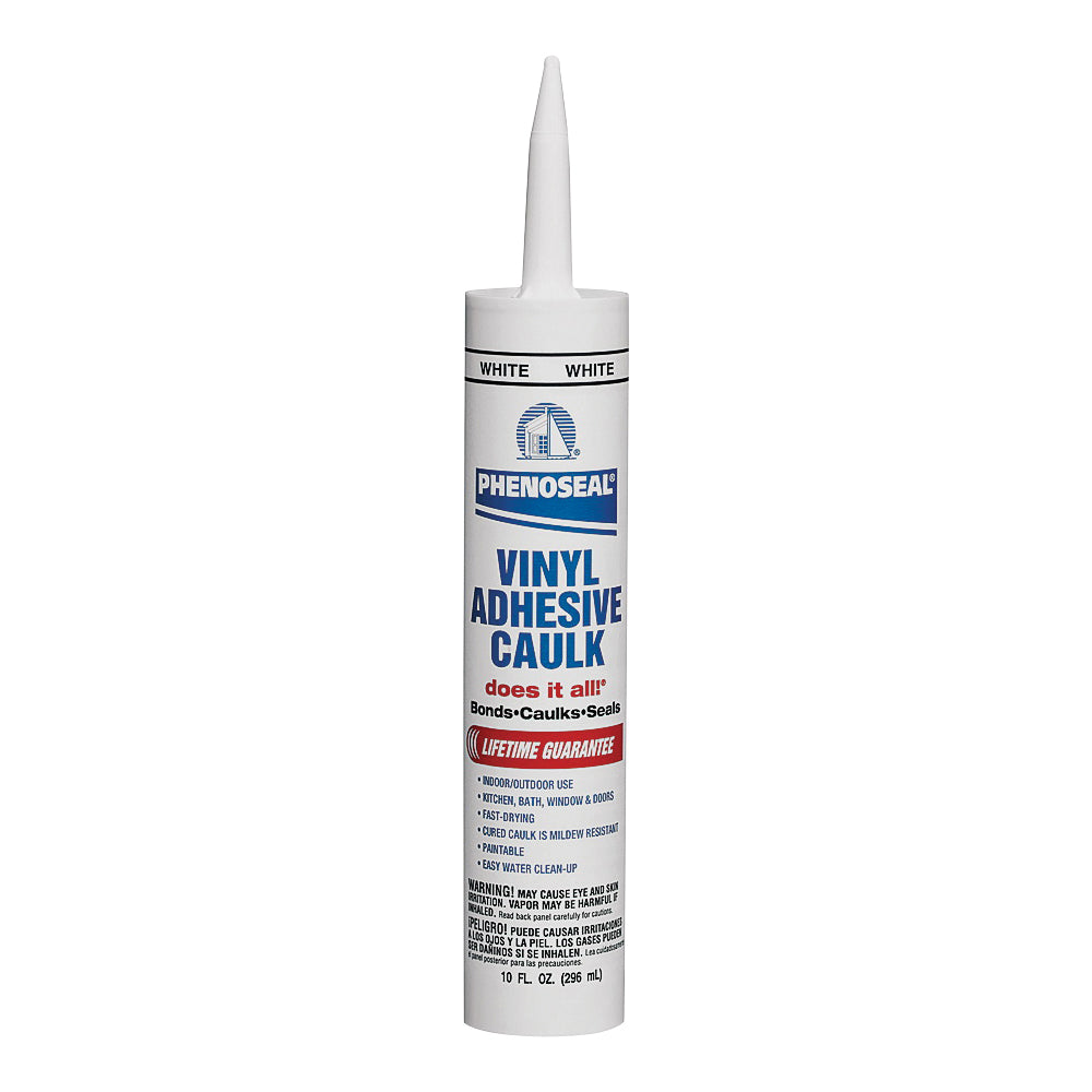 DAP PHENOSEAL 00005 Vinyl Adhesive Caulk, White, 48 hr Curing, -20 to 180 deg F, 10 oz Cartridge