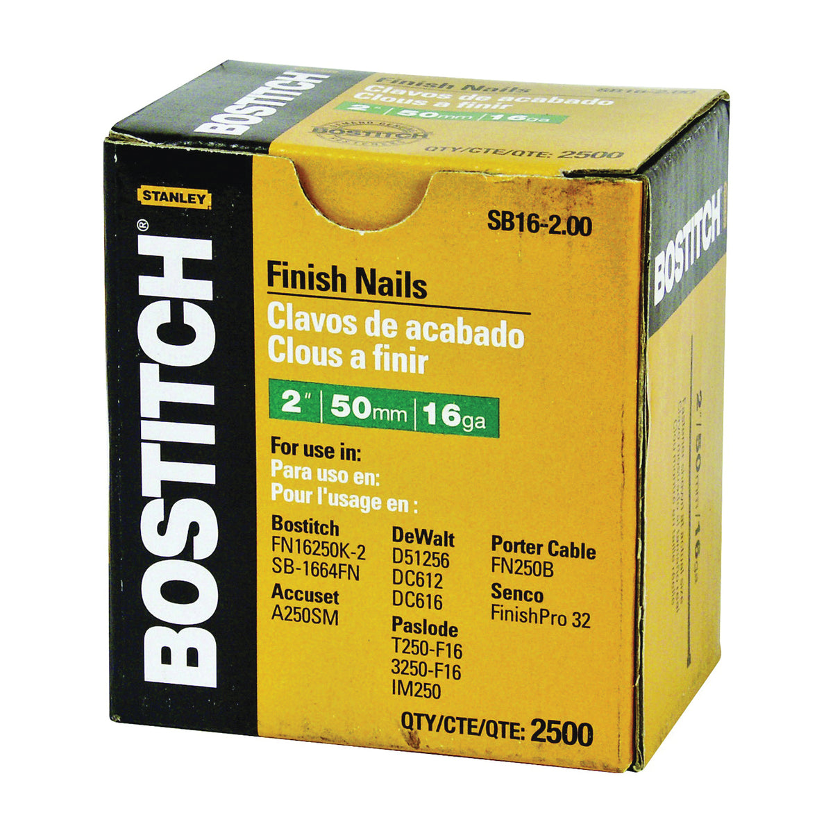 Bostitch SB16-200 Finish Nail, 2 in L, 16 Gauge, Steel, Coated, Smooth Shank