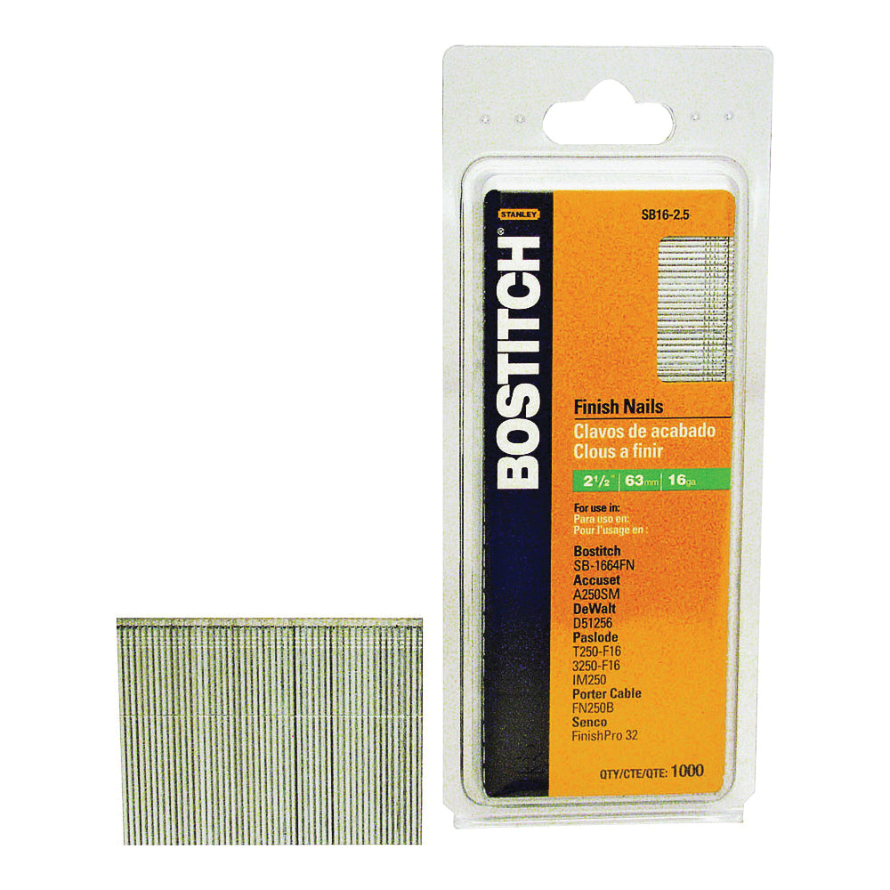 Bostitch SB16-250 Finish Nail, 2-1/2 in L, 16 Gauge, Steel, Coated, Smooth Shank