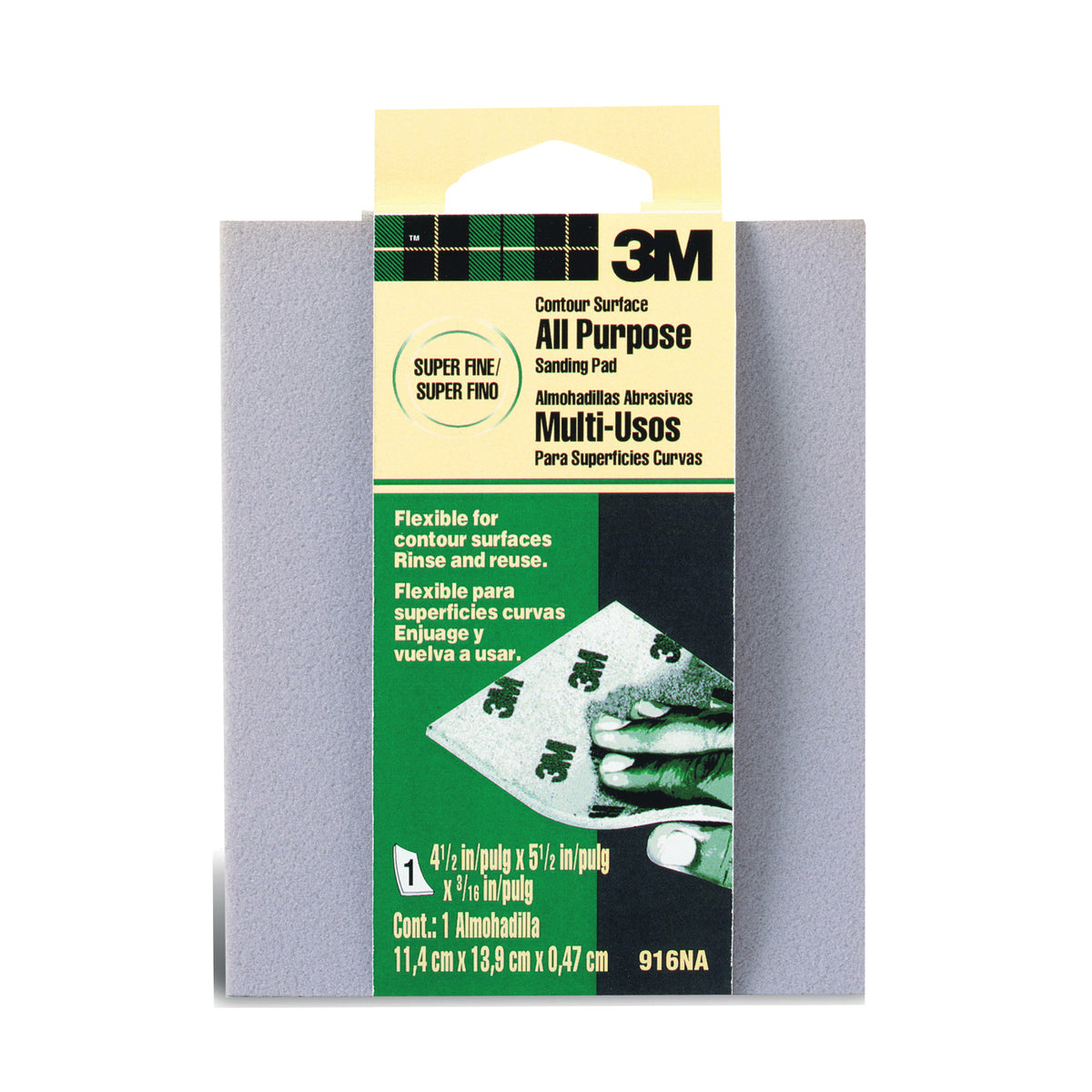3M 916 Sanding Sponge, 5-1/2 in L, 4-1/2 in W, 180 Grit, Extra Fine