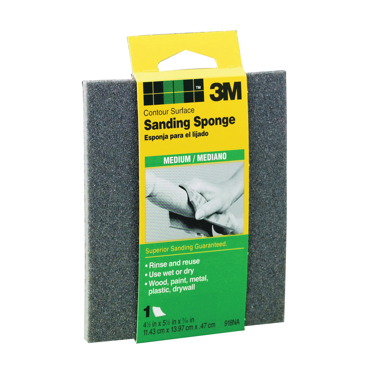 3M 918 Sanding Sponge, 5-1/2 in L, 4-1/2 in W, 80 Grit, Medium