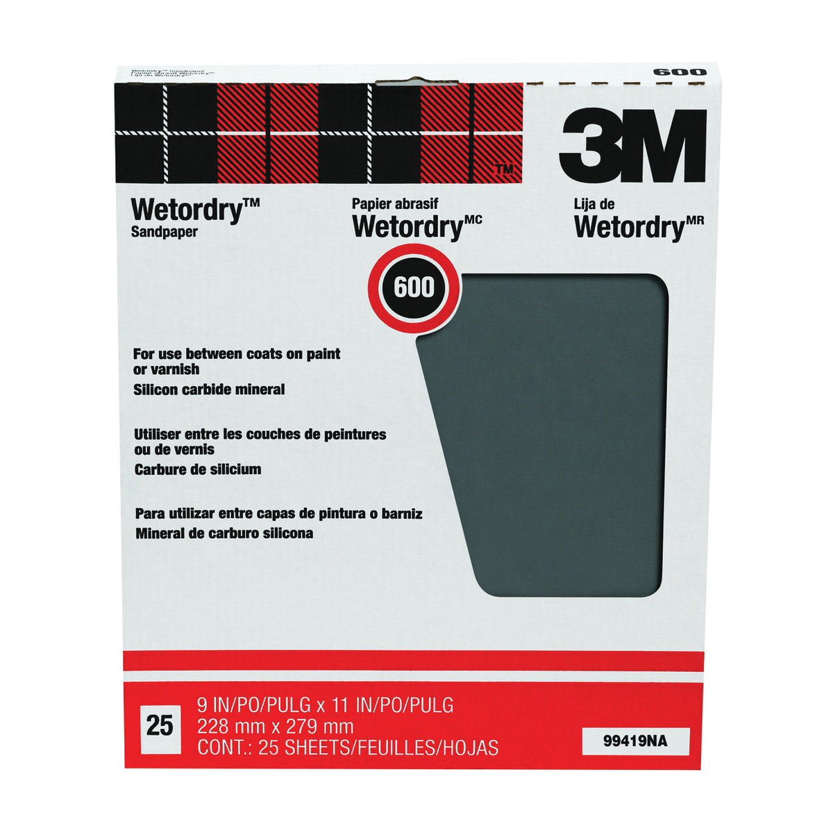 3M 99419 Sandpaper, 11 in L, 9 in W, 600 Grit, Super Fine, Silicone Carbide Abrasive