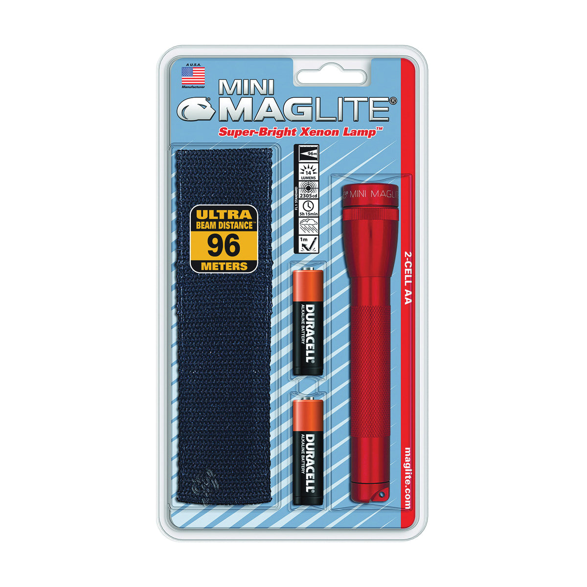 MAGLITE M2A03H Flashlight, AA Battery, Alkaline Battery, Incandescent Lamp, 14 Lumens, Flood to Spot Beam, Red