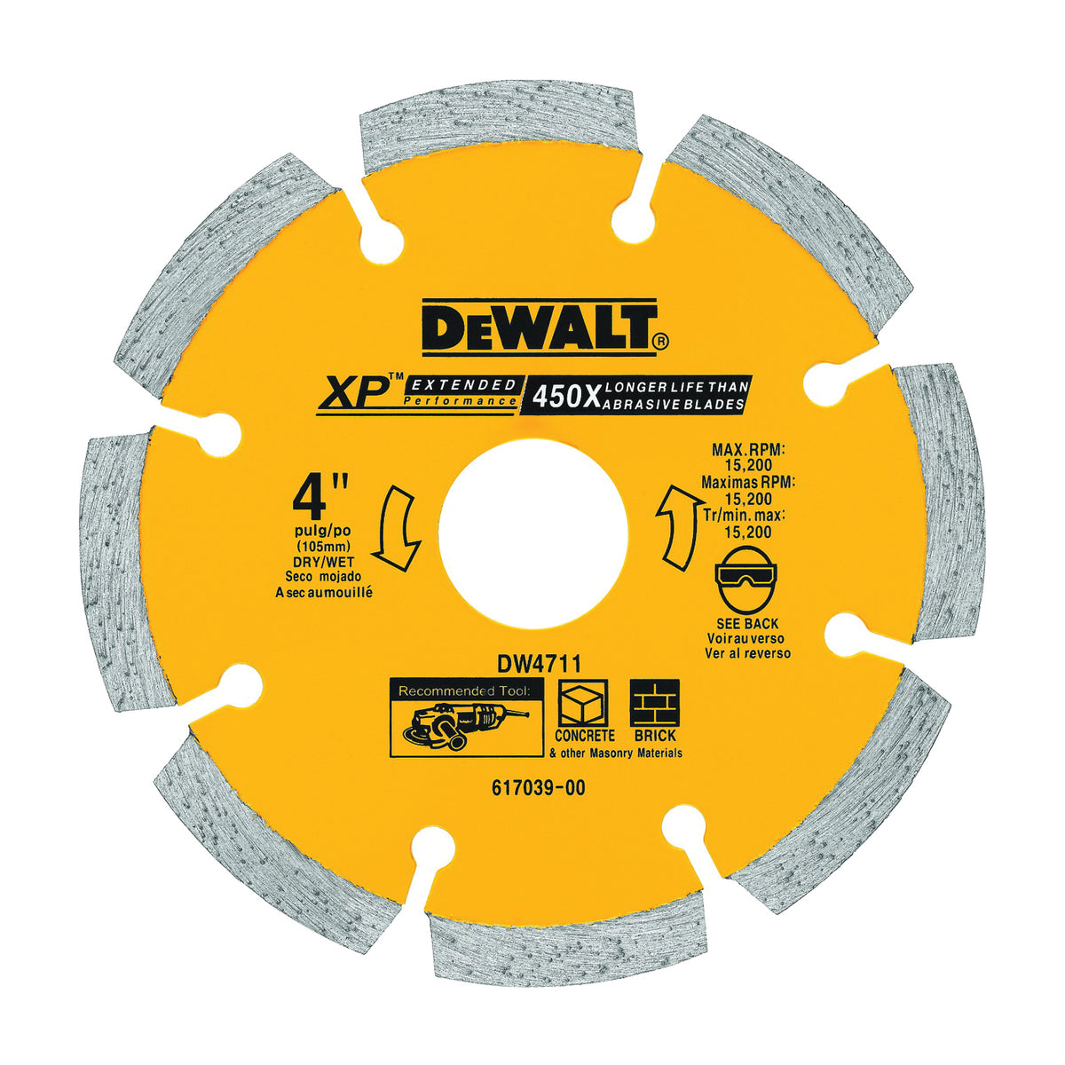 DeWALT DW4711 Circular Saw Blade, 4 in Dia, 7/8 in Arbor, Diamond Cutting Edge, Applicable Materials: Masonry
