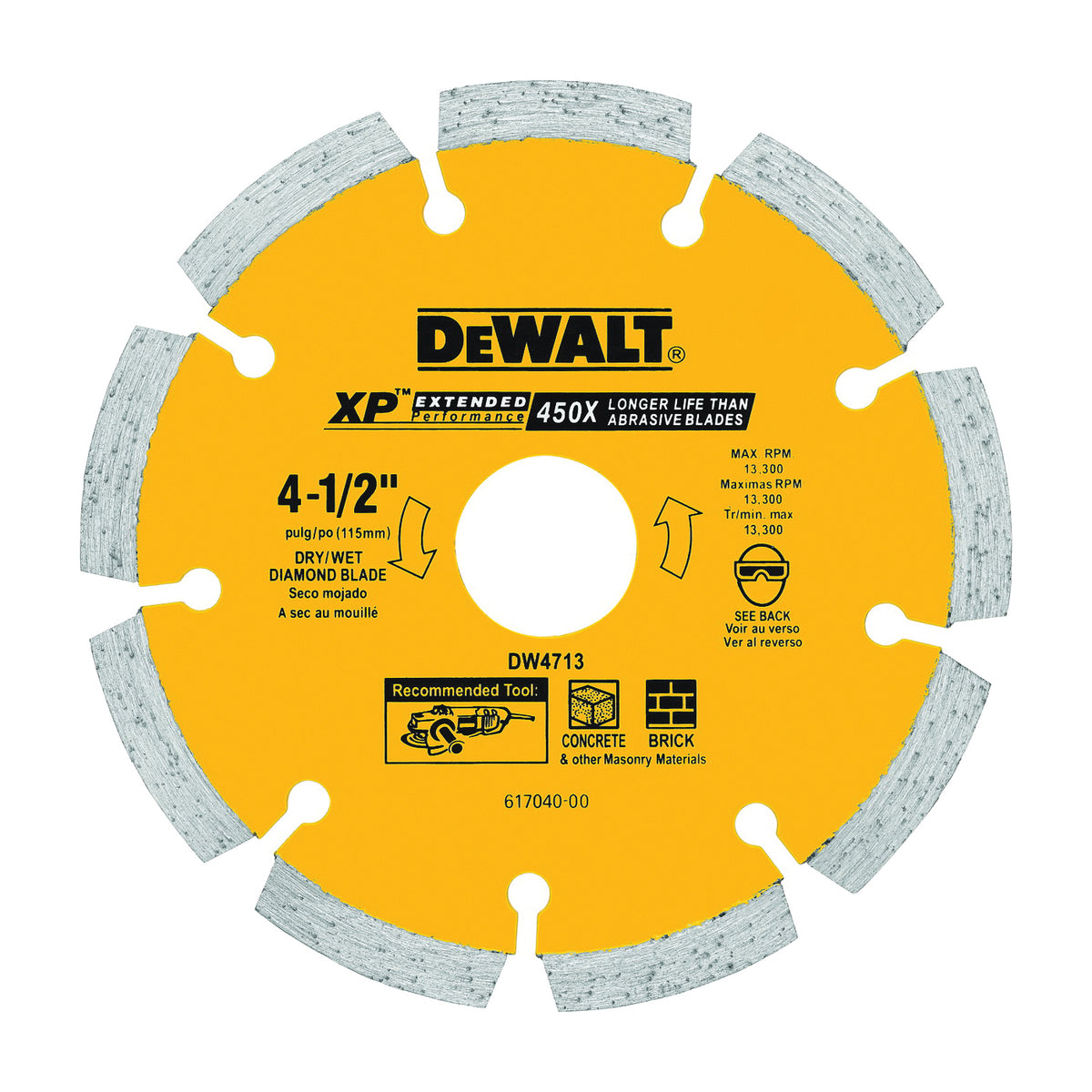 DeWALT DW4713T Circular Saw Blade, 4-1/2 in Dia, 5/8 in Arbor, Diamond Cutting Edge, Applicable Materials: Masonry