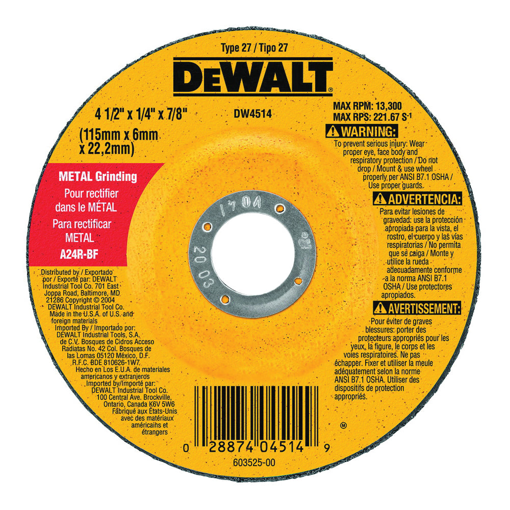 DeWALT DW4514 Grinding Wheel, 4-1/2 in Dia, 1/4 in Thick, 7/8 in Arbor, 24 Grit, Very Coarse