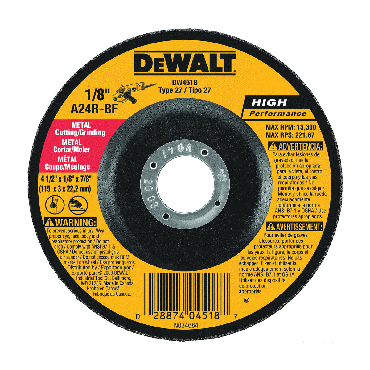 DeWALT DW4518 Grinding Wheel, 4-1/2 in Dia, 1/8 in Thick, 7/8 in Arbor, 24 Grit, Very Coarse