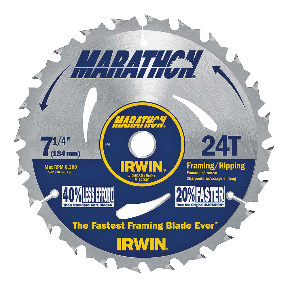 IRWIN MARATHON 24030 Circular Saw Blade, 7-1/4 in Dia, 5/8 in Arbor, 24-Teeth, Carbide Cutting Edge