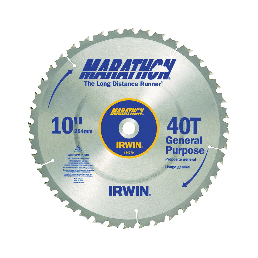 IRWIN MARATHON 14070 Table Saw Blade, 10 in Dia, 5/8 in Arbor, 40-Teeth, Carbide Cutting Edge